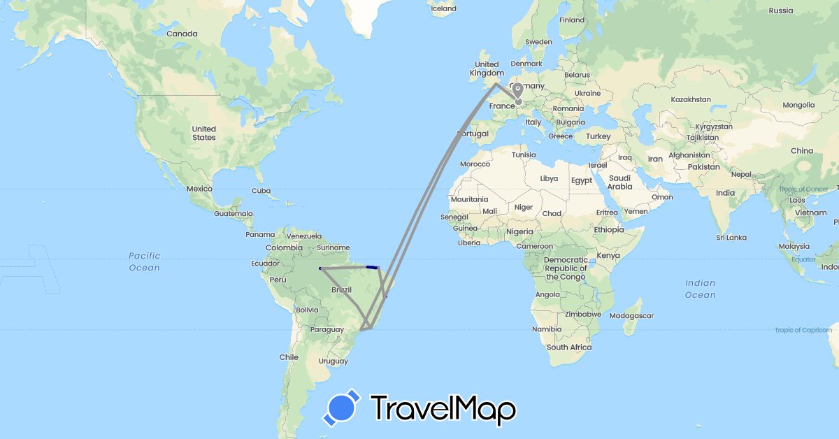 TravelMap itinerary: driving, plane in Brazil, Switzerland, France, United Kingdom (Europe, South America)